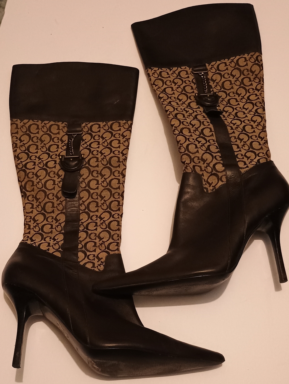 Guess Black Leather and Brown Monogram Mid-Calf Heeled Boots